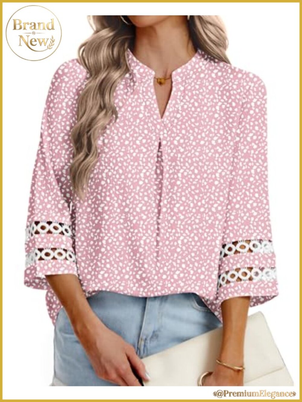 3/4 Length Sleeve Women's Tunic Blouse V-Neck Lace Pleated Dressy